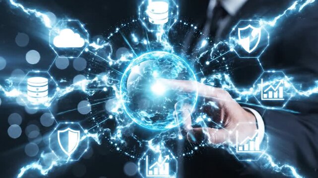 Futuristic digital network connecting cloud database security and analytics icons with glowing orb technology