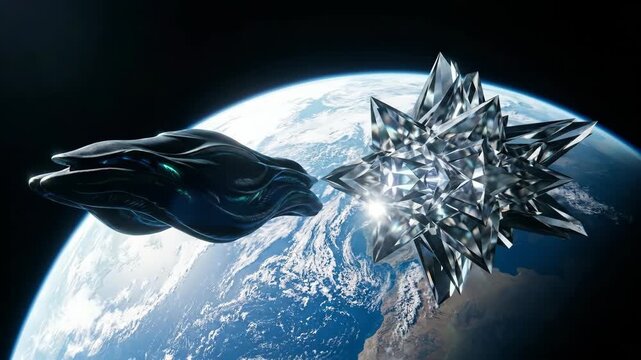 Dark organic spaceship interacting with a glowing crystalline object near Earth. Alien craft approaching a geometric energy core in space. Futuristic sci-fi encounter, intergalactic travel concept