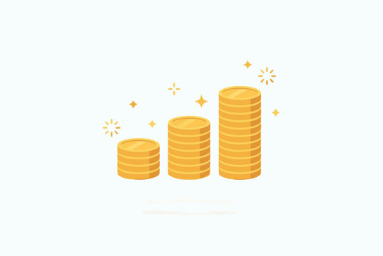 Minimal illustration of growing stacks of gold coins with sparkles on a clean background symbolizing financial growth wealth savings investment success and profit increase