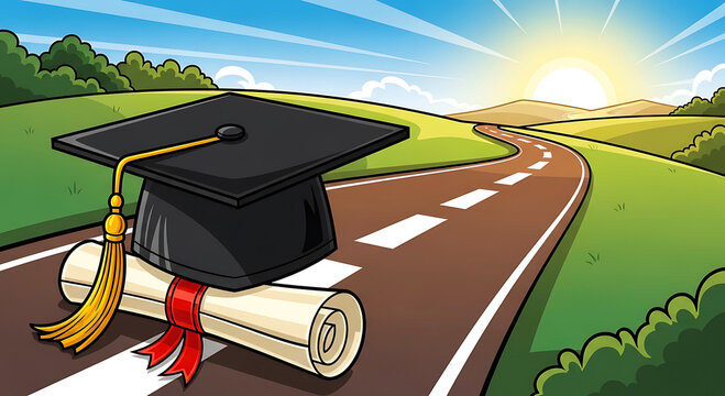 Graduation cap and diploma on a winding road leading to a sunrise