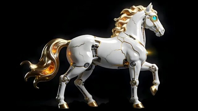 AI Computing Momentum Concept Stationary 3D Mechanical Horse in White Porcelain and Gold, Pulsing Energy Mane, Professional VFX Isolated Asset, 4K Stable Render