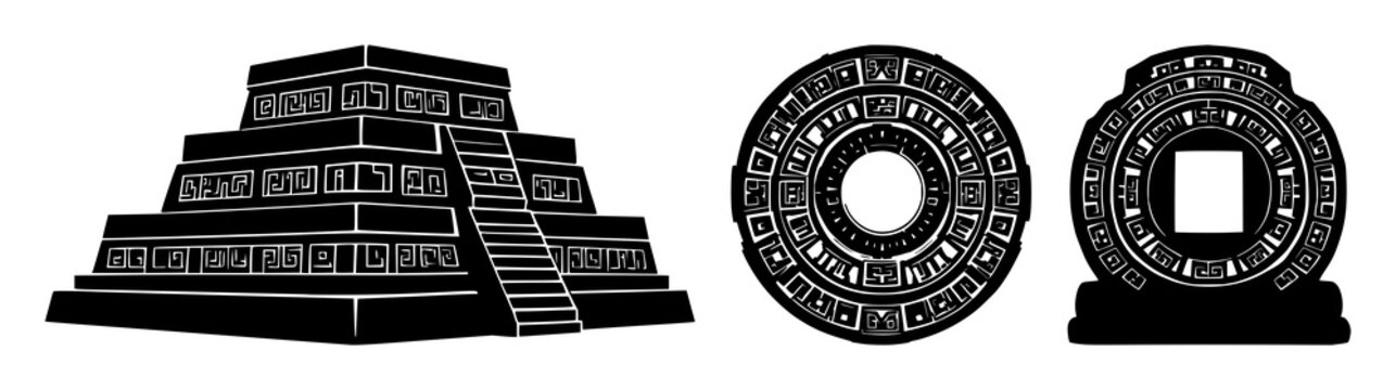 Ancient Mayan calendar stone set with solid black silhouette and intricate geometric patterns featuring Mayan, calendar, stone with vector and black and white