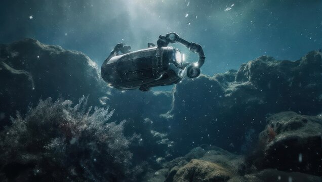 Underwater Exploration - A Submersible Navigating a Coral Reef.