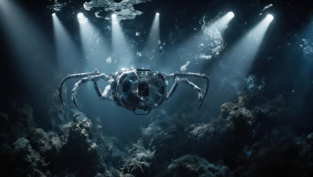 Underwater vehicle illuminated by spotlights in a dark ocean environment.