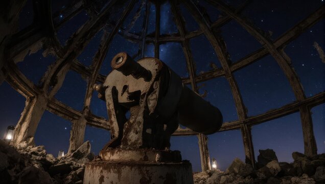 Vintage Telescope Under Dome Gazing at Starry Night Sky.