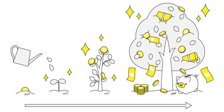 貯金と投資でお金が増える成長ステップのイラスト（資産形成・複利・長期投資） 線画