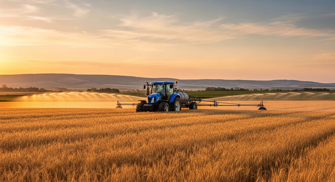 Blue tractor irrigates golden wheat field under sunny sky, representing agriculture and harvest, with water spraying onto the field for crop irrigation