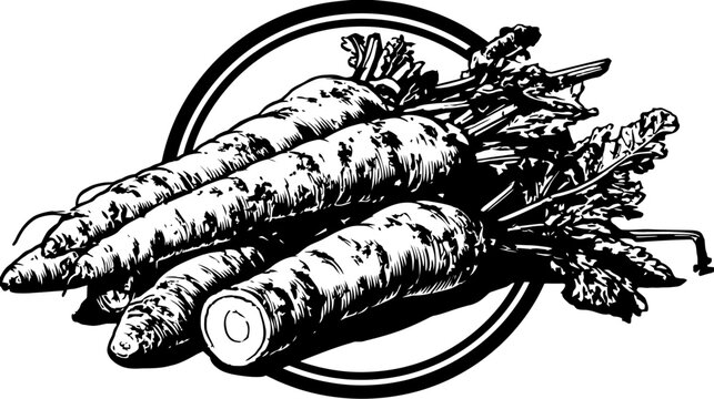 A black and white illustration of several carrots with green tops arranged in a circle