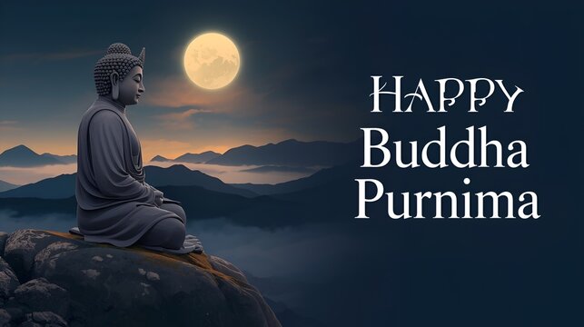 Buddha Purnima peaceful night landscape with meditating Buddha statue under full moon in mountain valley symbol of wisdom enlightenment spiritual festival Mahavir ...