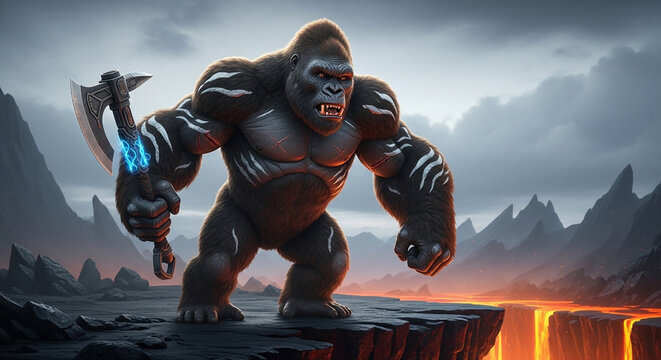 A powerful gorilla stands on a cliff holding a glowing axe in a dramatic landscape