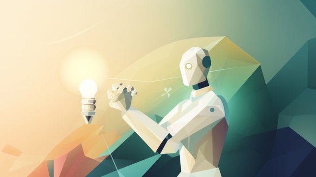 A stylized geometric robot holds a glowing lightbulb, symbolizing innovation and new ideas.