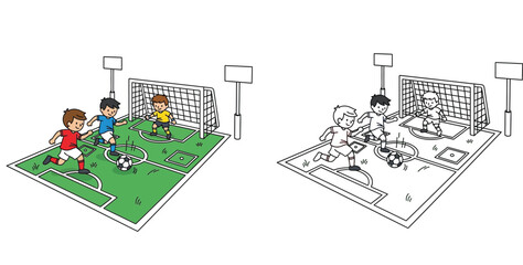 Vector illustration of cute little boys playing soccer on the field. Colored and black and white line art versions for coloring book. Isometric view. © MstTabassum