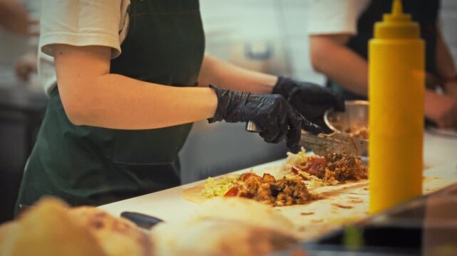 A cook is skillfully preparing shawarma appetizers at a busy fast food establishment. Fresh ingredients are being added to the wrap as customers eagerly await their orders