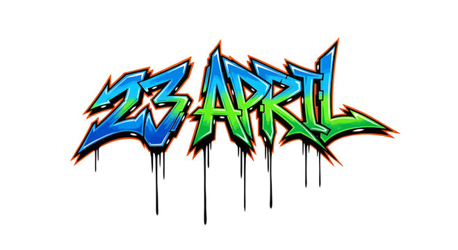 Graffiti style text, 23 April, colorful stencil lettering, urban typography, vector illustration