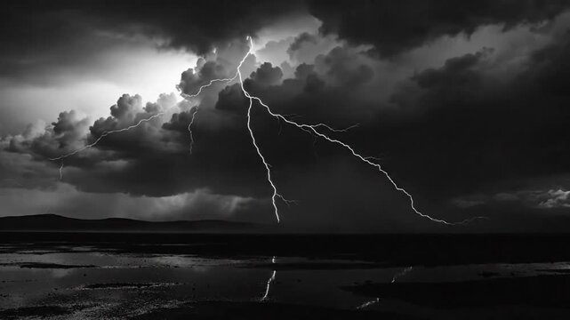 Dramatic black and white landscape of lightning strike during a storm over a body of water