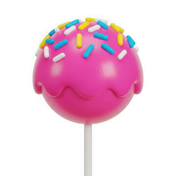 A pink cake pop with colorful sprinkles on top