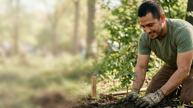 Hispanic man planting a young oak sapling in the forest for reforestation.