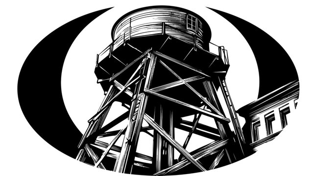 Monochrome illustration of a water tower within a crescent, with a building at the side