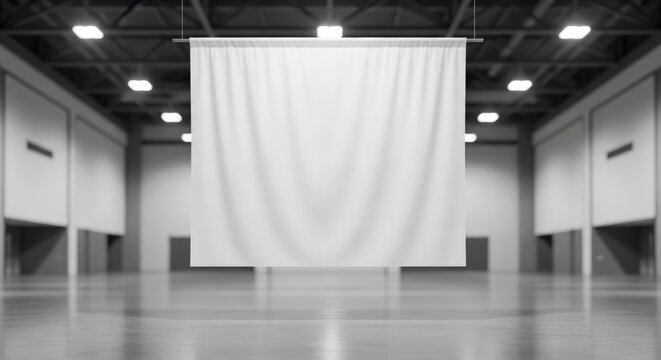 A large white banner hangs from the ceiling in a spacious empty room with bright lights