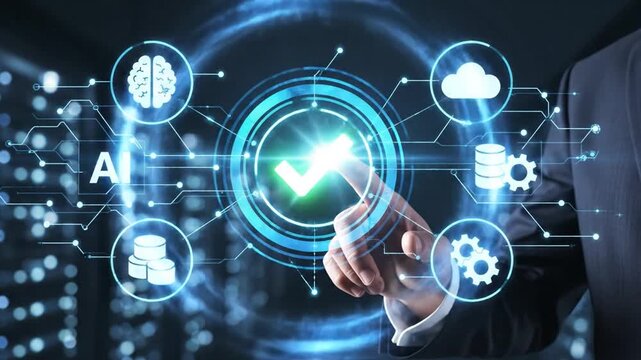 Hand touching glowing AI interface with brain cloud and data icons artificial intelligence technology