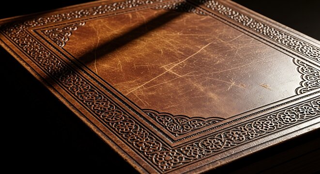 A close-up shot of an old leather-bound book lying open on a dark surface with intricate border designs.