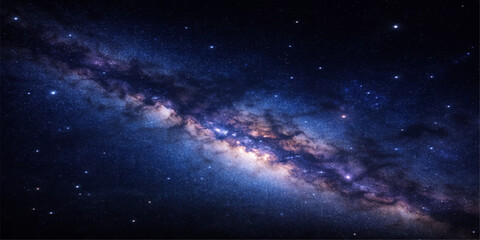 An abstract nebula cloud glows with bright blue light across a deep dark cosmos, creating a starry night sky background where planets and stars shine in the vast outer space of a fantasy universe © lima