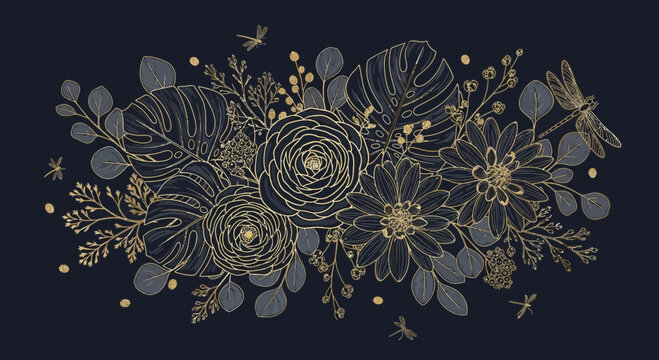 Elegant floral arrangement with gold outlines on a dark background