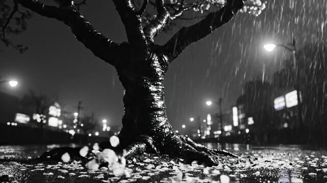 Black and white time-lapse of a cherry blossom tree in the rain, with falling petals and streetlights at night.