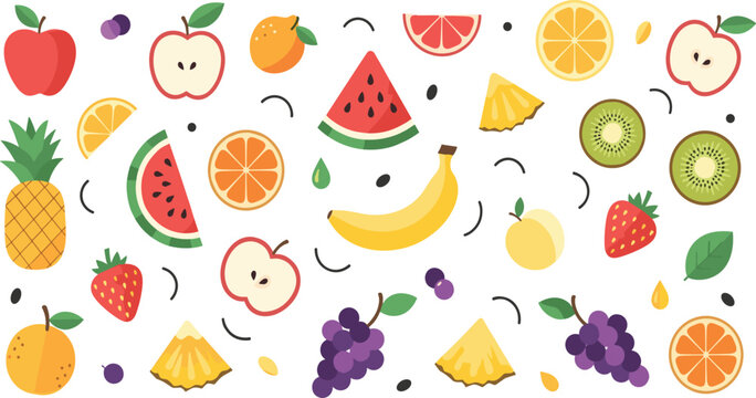 Fresh Mixed Fruits Vector Pattern with Apple, Banana, Grapes, Pineapple, Watermelon, Citrus Slices, and Healthy Organic Food Illustration Collection.