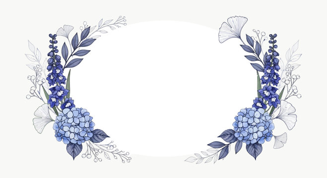 Elegant floral frame with blue hydrangea and decorative leaves on white background