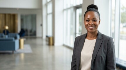 Fototapeta premium Confident African American businesswoman smiling in a modern corporate office lobby.