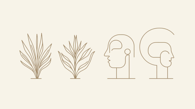 Minimalist line art illustration featuring stylized plant life and abstract human faces