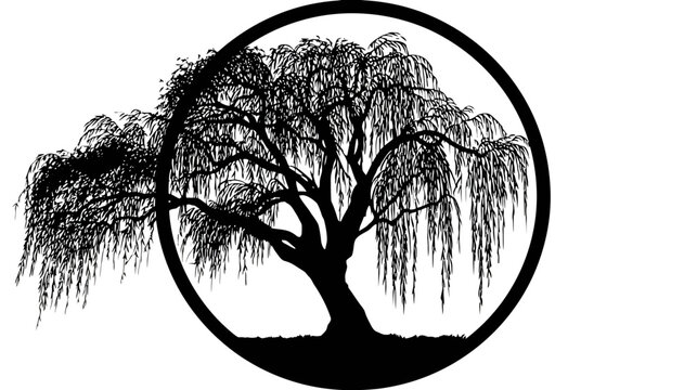 A silhouette of a willow tree framed by a black circle. The tree has many drooping branches
