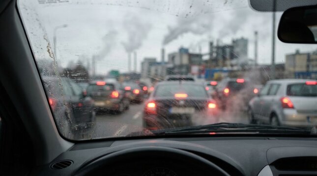 Heavy city traffic jam with cars producing thick smog and exhaust air pollution.