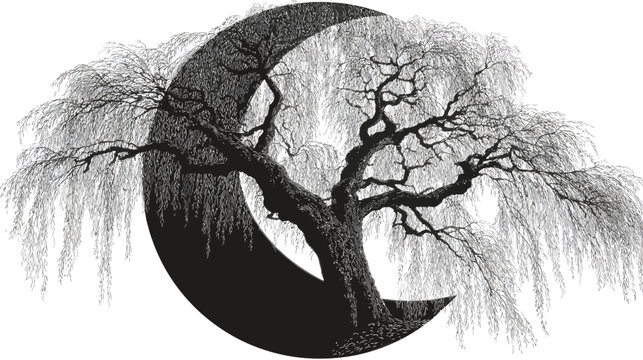Black and white illustration of a weeping willow tree framed by a crescent moon shape