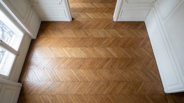 A top-down view of a classic wooden parquet floor with a herringbone pattern.