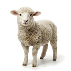 Fototapeta premium A delightful close-up of a young, fluffy sheep standing upright against a pure white background, showcasing its innocent expression and soft wool
