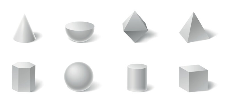Geometric shapes assortment, flat vector illustration with 3d objects and shadows