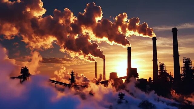 Dramatic silhouette of an oil refinery at sunset with heavy industrial smoke billowing from tall chimneys, highlighting environmental pollution and global energy production issues.