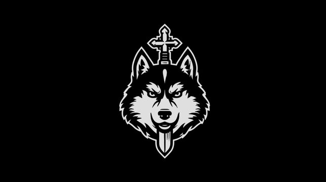 A stylized black and white illustration of a wolf head wearing a stylized cross