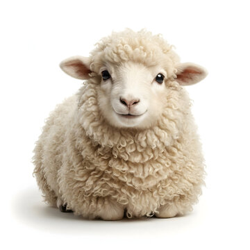 Close-up Studio Portrait of a Fluffy White Sheep with a Gentle Expression, Isolated on a Clean White Background