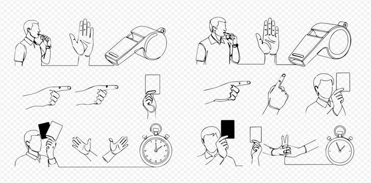 Continuous line drawing of referee hand gestures, whistle, and stopwatch for sports events.