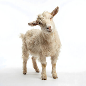 An adorable and curious young white goat with soft, shaggy fur stands on a pristine white background, tilting its head in an engaging and charming pose, looking directly at the viewer