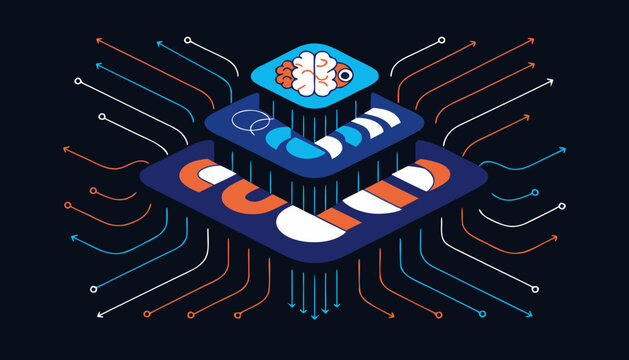 A vector graphic illustration of a brain with magnetic fields and circuit lines representing artificial intelligence and technology