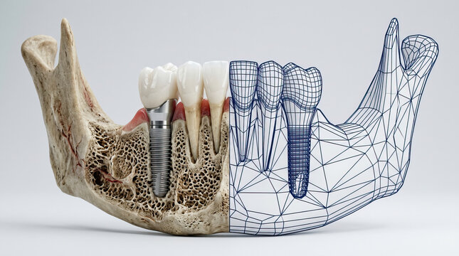 Fascinating dental implant inside human jaw bone showing natural tooth next to wireframe mesh. Professional anatomy rendering reveals complex medical root structure and artificial titanium screw