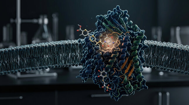 Fascinating rendering of complex molecule and protein interacting with cell membrane highlighting biology chemistry science research laboratory structure and abstract medical concepts