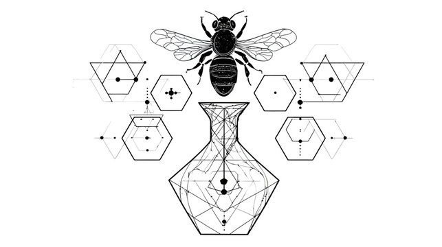Bee graphic, geometric vase, and abstract shapes arranged symmetrically. Monochrome design