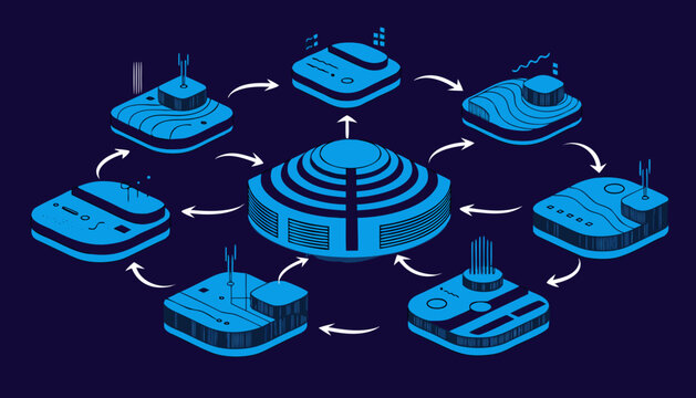 A vector graphic illustrating a cycle of technological devices in a blue color scheme