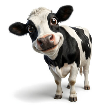Adorable, happy, black and white Holstein cow with a wide smile and big eyes, looking directly at the viewer, isolated on a white background, perfect for farm or dairy themes
