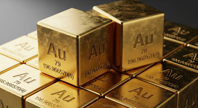 Shiny, reflective gold bars meticulously stacked in a geometric pattern, displaying the chemical symbol 'Au' and atomic number '79', representing wealth and value.